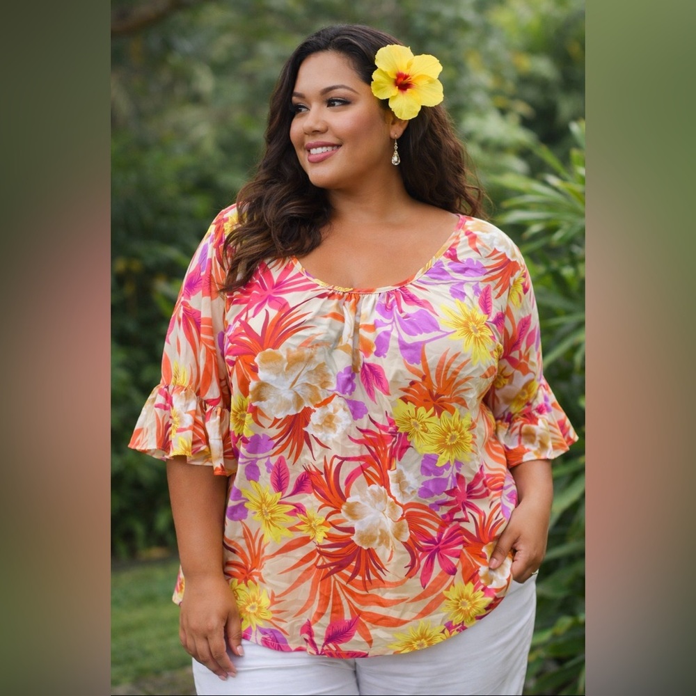 Lane Bryant - Vibrant Tropical Floral Blouse - ruffled edge sleeves